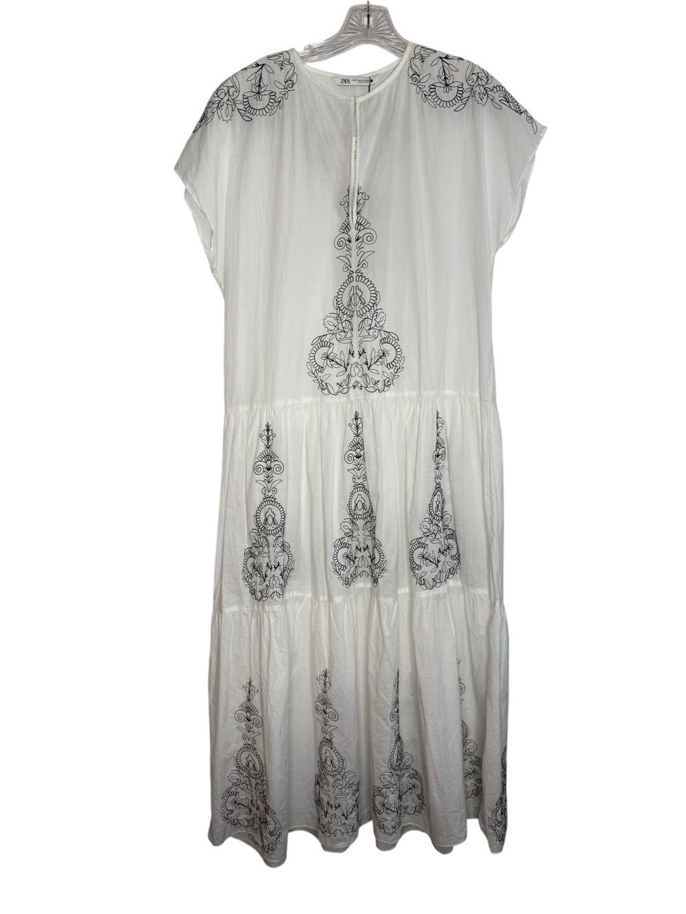 Zara White Embroidered Tiered Maxi Dress Size XS Boho Ctn Blend Midi Dress NWT - Picture 2 of 7